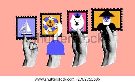 Hands hold retro postage stamps with hand-drawn nautical elements, sailboat, life preserver ring, sailor dog, pirate captain. The set of elements is collage style.