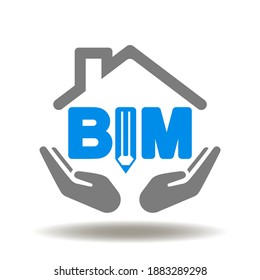 Hands hold roof build and BIM acronym with pencil vector icon. Building Information Modeling Symbol. Construction Architecture Technology Illustration.