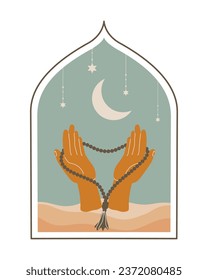 Hands hold rosary, against the background of the sky and stars. Flat vector illustration, eps10