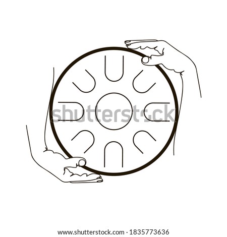Hands hold a round musical instrument -  glucophone. Silhouette of a metal drum. Abstract minimalistic sketch in black continuous lines. Great for postcard, textiles, logo, icon, avatar.