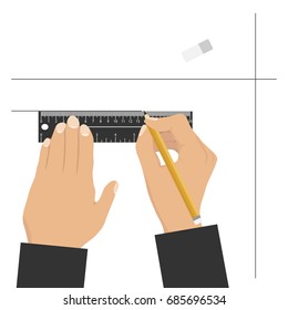 Hands hold a ruler and a pencil, hands draw a pencil and a ruler. Flat design, vector illustration, vector.