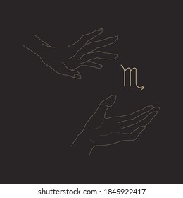 Hands hold scorpio zodiac glyph. Gesture shows astrological symbol. Isolated outline abstract composition on black. Vector illustration for your horoscope, logo,icon,tattoo,print. Modern witch concept