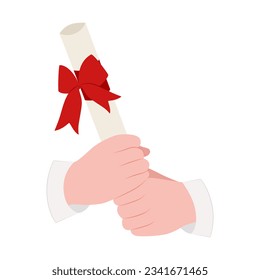 Hands hold a scroll tied with a red ribbon. Student, graduate. Vector illustration isolated on white background.
