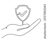 Hands hold shield badge continuous line art drawing. Approval check guard symbol in arm. Insurance sign. Vector illustration isolated on white.