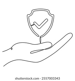 Hands hold shield badge continuous line art drawing. Approval check guard symbol in arm. Insurance sign. Vector illustration isolated on white.