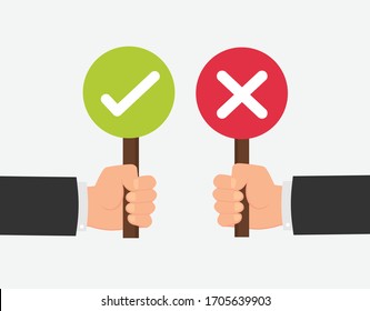 Hands hold signboard green check mark and red X mark Right and Wrong for feedback. Sign icon concept. Vector stock. 