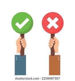 Hands hold signboard icon in flat style. Right and wrong feedback vector illustration on isolated background. Yes, no sign business concept.