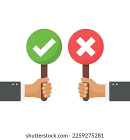 Hands hold signboard icon in flat style. Right and wrong feedback vector illustration on isolated background. Yes, no sign business concept.