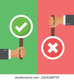 Hands hold signboard icon in flat style. Right and wrong feedback vector illustration on isolated background. Yes, no sign business concept.