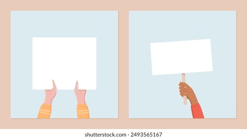 Hands hold signs at social media template set. Hand with blank banner emphasizes the protest, with people showing community strength, support, and solidarity for global causes.