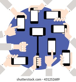 Hands hold smart phones, flat design