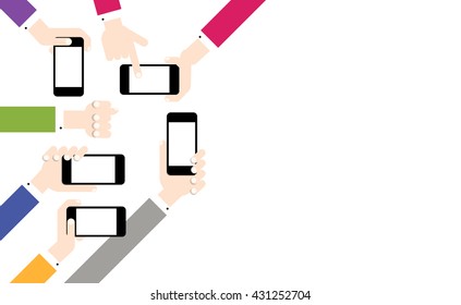 Hands hold smart phones, flat design