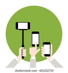 Hands hold smart phones, flat design