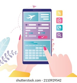 Hands hold smartphone with application for buying air tickets. Girl chooses suitable electronic ticket. Time to travel. Quick search plane e-tickets. Airline website on screen. Vector illustration