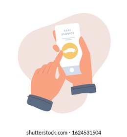 Hands hold a smartphone and choose a car in a mobile application. Taxi call service. Online car ordering service. Vector flat illustration on light isolated background.