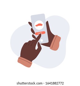 Hands hold a smartphone and choose a car in a mobile application. Taxi call service. Online car ordering service. Vector flat illustration on light isolated background.
