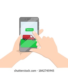 Hands hold a smartphone, chooses delivery. On the smartphone screen, a mobile application for the delivery of goods. Vector