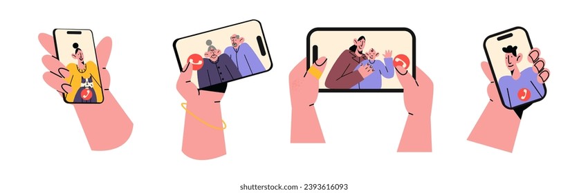 Hands hold smartphone, communication in the video,video call,Cartoon illustration of communication with loved ones, friends, video conference, characters in the screen. Modern technologies