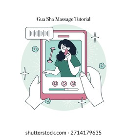Las manos sostienen un teléfono inteligente que muestra un tutorial de masaje Gua Sha con una mujer usando una herramienta Gua Sha en su cara. Ilustración vectorial diseñada para temas de belleza y bienestar.