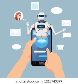 Hands Hold Smartphone Free Chat Bot, Robot Virtual Assistance On Smartphone Say Hello Element Of Website Or Mobile Applications, Artificial Intelligence Concept Cartoon Vector Illustration