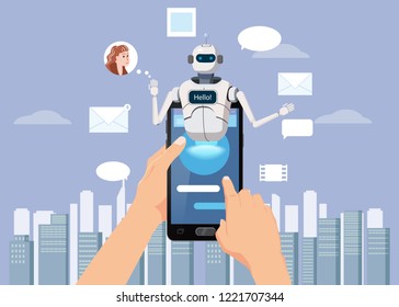 Hands Hold Smartphone Free Chat Bot, Robot Virtual Assistance On Smartphone Say Hello Element Of Website Or Mobile Applications, Artificial Intelligence Concept Cartoon Vector Illustration