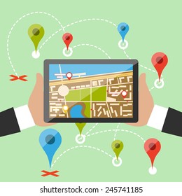 Hands hold smartphone with map of imaginary city with GPS icon and pin template of navigation system. Delivery concept in flat cartoon design style.