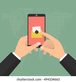 Hands hold smartphone mobile with malware virus bomb email detected. Vector illustration flat design computer technology online internet cyber crime protected concept.