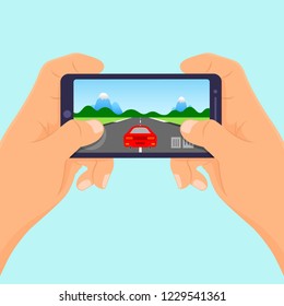 Hands Hold smartphone playing games. Vector illustration