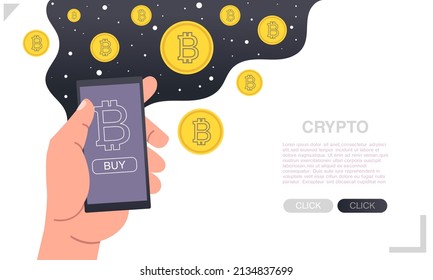 Manos con smartphone y compra criptodivisa en aplicación móvil. Compra Bitcoin online. Banner web de tecnología blockchain, bitcoin, altcoins minería, digital money vector ilustración de dibujos animados