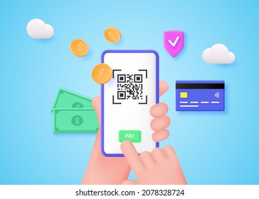 Hands hold a smartphone to scan the QR code and pay online. Money transfers and secure online shopping. Vector 3d illustration.