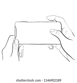 
Hands hold smartphone, sketch of hands and smartphone