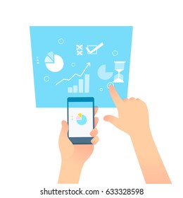 Hands hold a smartphone with touch pointing finger an online accounting digital screen.