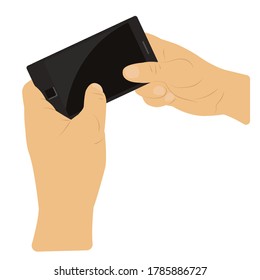 Hands hold a smartphone. Touches the screen. Vector illustration.