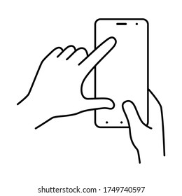 Hands hold smartphone vertically, finger touching the screen. Illustration on a white background. Vector line icons, sign, pattern.