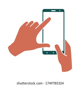 Las manos sostienen el smartphone verticalmente, con el dedo tocando la pantalla. Ilustración coloreada sobre fondo blanco. Iconos de línea vectorial, signo, patrón.
