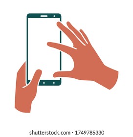 Las manos sostienen el smartphone verticalmente, con el dedo tocando la pantalla. Ilustración coloreada sobre fondo blanco. Iconos de línea vectorial, signo, patrón.
