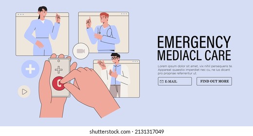 Hands hold smartphone with video call icon on screen. Patient call online to emergency medical help centre. Health care services and online telemedicine concept. Doctors volunteer worldwide support. 