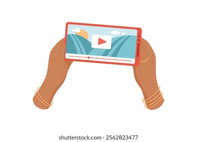 Hands hold a smartphone with a video play screen. A user interacts with mobile device to enjoy media. A person touches the screen for app functionality, digital technology, online communication,