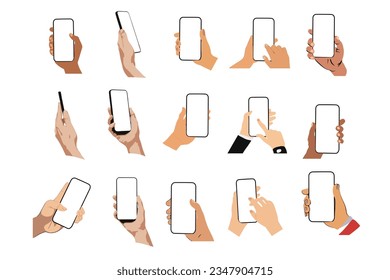 Manos con smartphones con pantallas vacías para hombres o mujeres. Concepto de teléfono para aplicaciones móviles, video, red social y juego vectorial. Aparato de pantalla táctil con gestos de mano. Aislado en blanco.