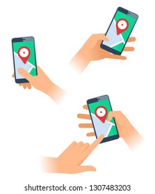 A hands hold a smartphones with gps map and location pin. Female and male hands use a city street map on the screen of mobile phone. The navigation and cartography flat vector concept illustration.
