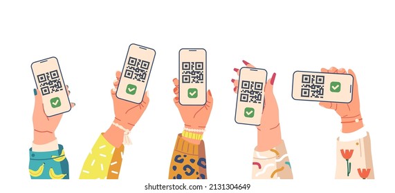 Hands Hold Smartphones with Qr Code, Mobile Barcode Reader, Scanner. Shopping Online, Delivery. Cellphone Electronic Digital Payment with Phone, Passports of Vaccination. Cartoon Vector Illustration