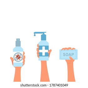 Hands hold soap, antiseptic, liquid soap. Disinfectants in hands. Vector illustration, flat cartoon design, isolated on white background, eps 10.