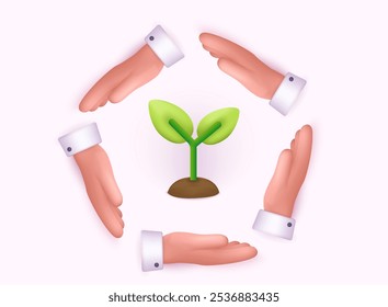 Hands hold soil with plant. Palms show germinated sprout. 3d vector cartoon illustration. Symbol of of ecology of conservation and growth isolated design elements.