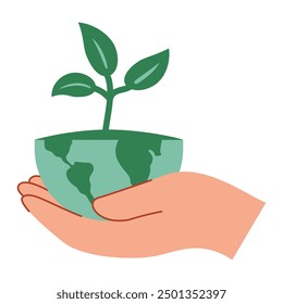 Hands hold soil with plant.Hands holding globe.Earth day concept. Saving the planet, environment.Green earth from trees.Symbol of caring for nature.