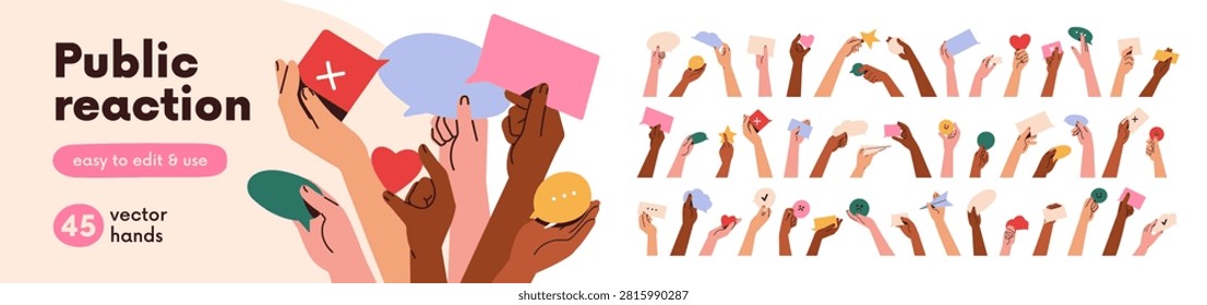 Hands hold speech bubbles, emoji, heart, message set. People giving opinion, sharing feedback. Abstract comments, ideas and review, communication. Flat vector illustration isolated on white background