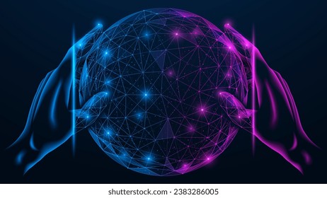 Hands hold the sphere. Polygonal design of interconnected elements.