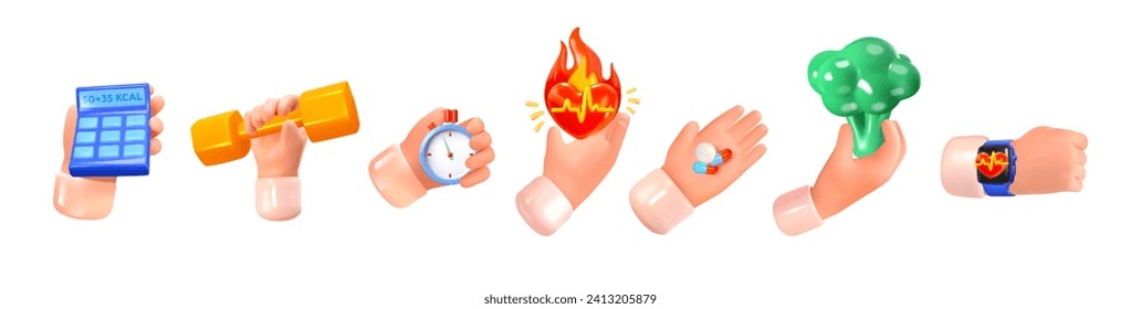 Hands hold sports objects. Concept of weight loss, sports and healthy lifestyle. Physical activity, healthy nutrition. In 3D style. Vector illustration