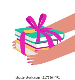 Hands Hold A Stack Of Books Tied With A Bow. The Concept Of A Gift Suitable For Any Holiday. A New Book Is The Best Present. Flat Vector Illustration