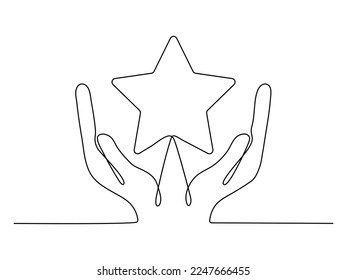 Hands hold star continuous line drawing. Human arms palms. Vector illustration isolated on white.