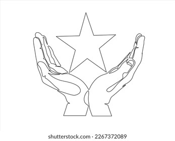 Hands hold star puts rating, reviews. Vector continuous line.